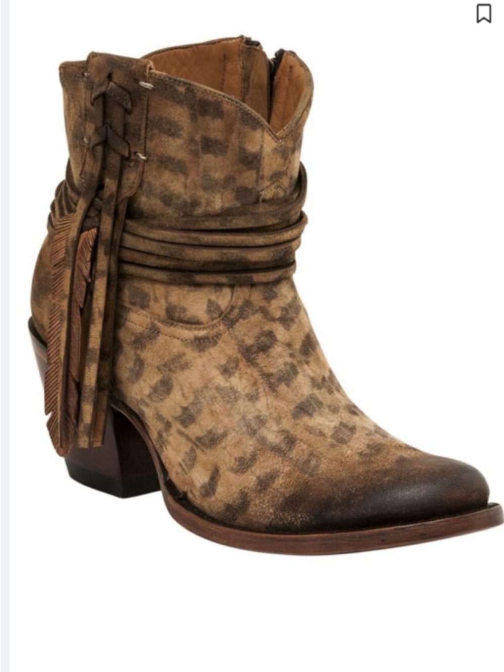 Lucchese Distressed Brown Suede Western Ankle Boot with Fringe - 8.5